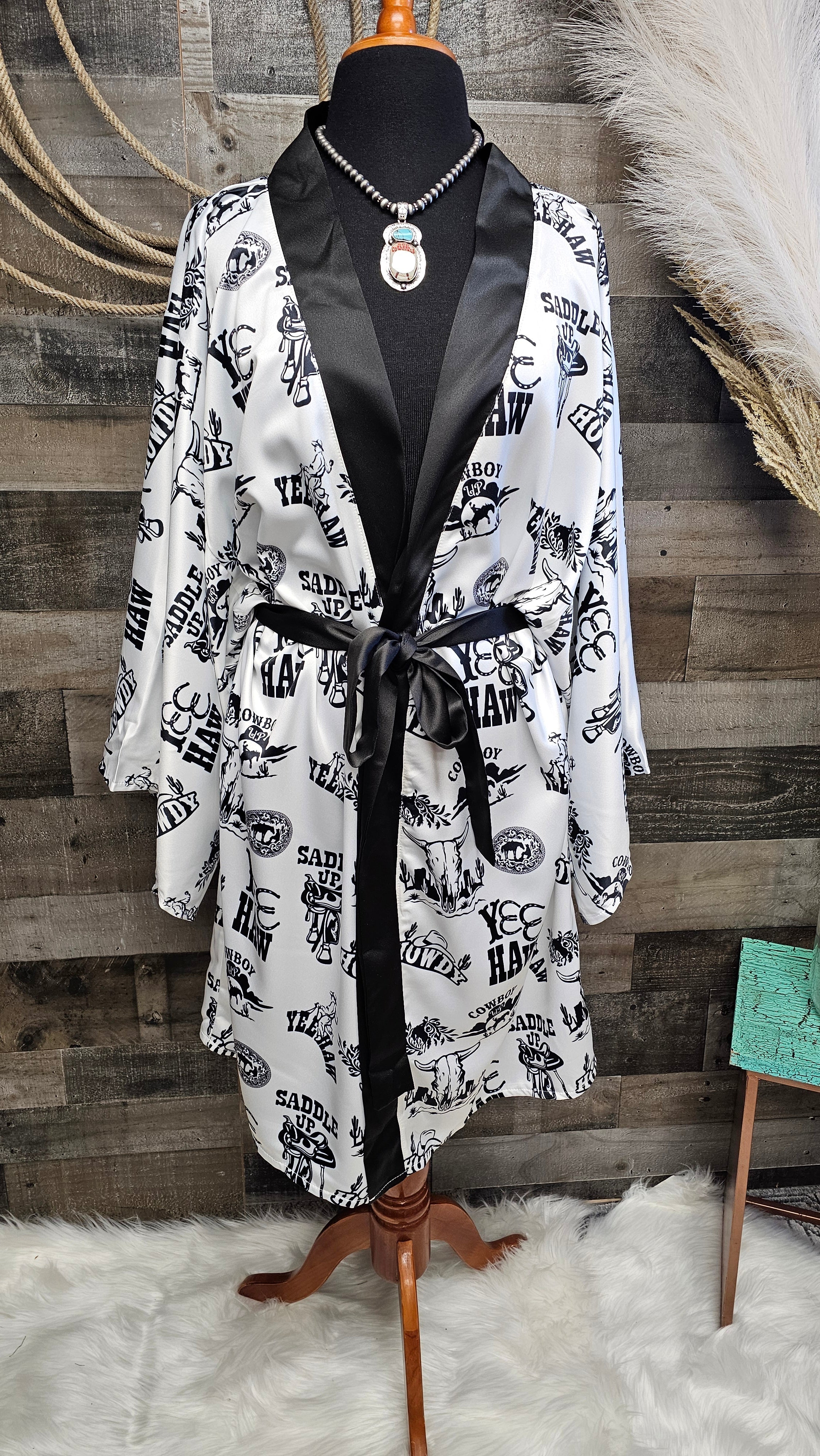 Baha Ranch Cowboy Print Western Satin Kimono Robe by Baha Ranch Western Wear