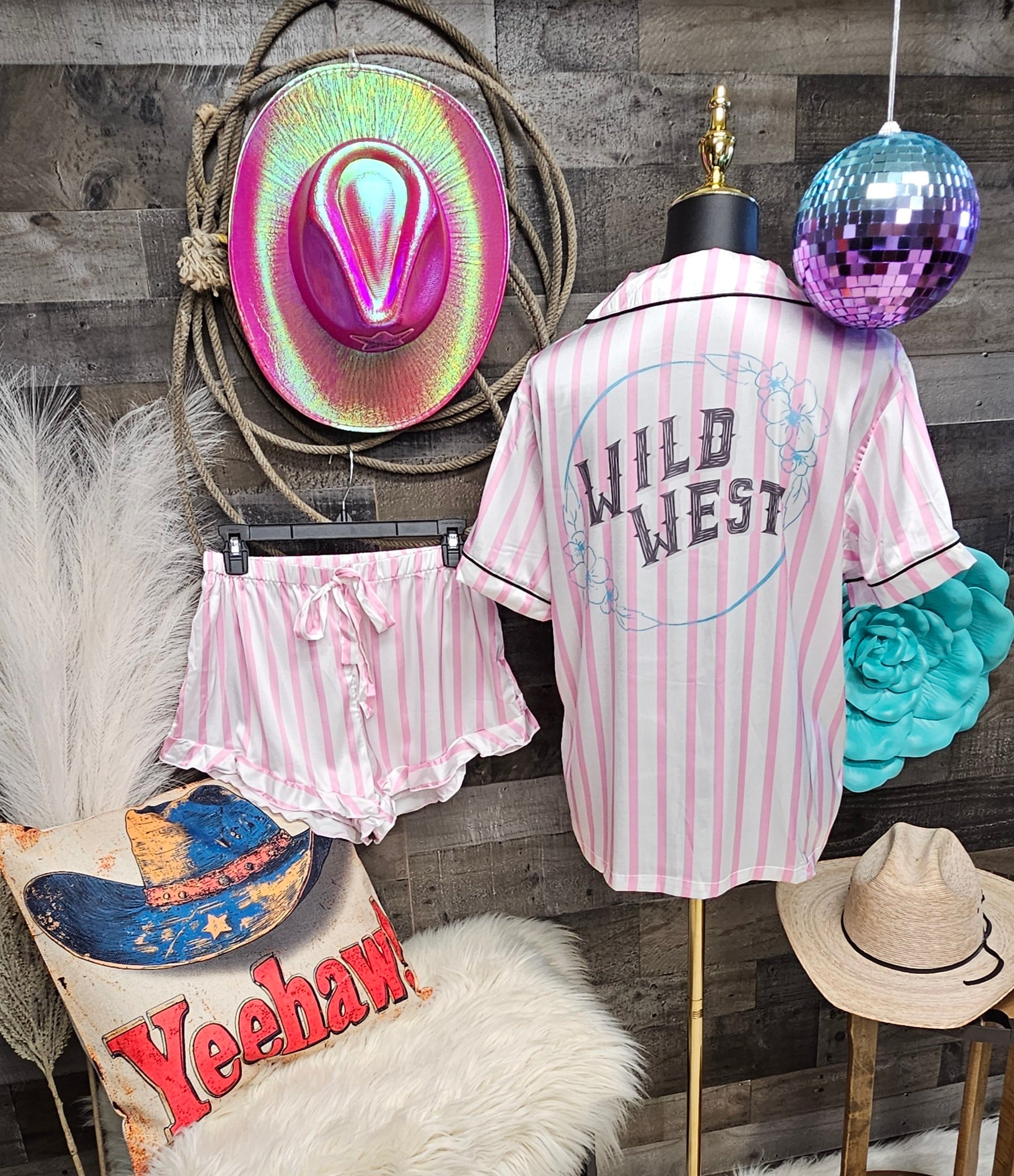 Baha Ranch Retro Pop Western Wild West Pink Pin Stripe Satin Pajamas by Baha Ranch Western Wear