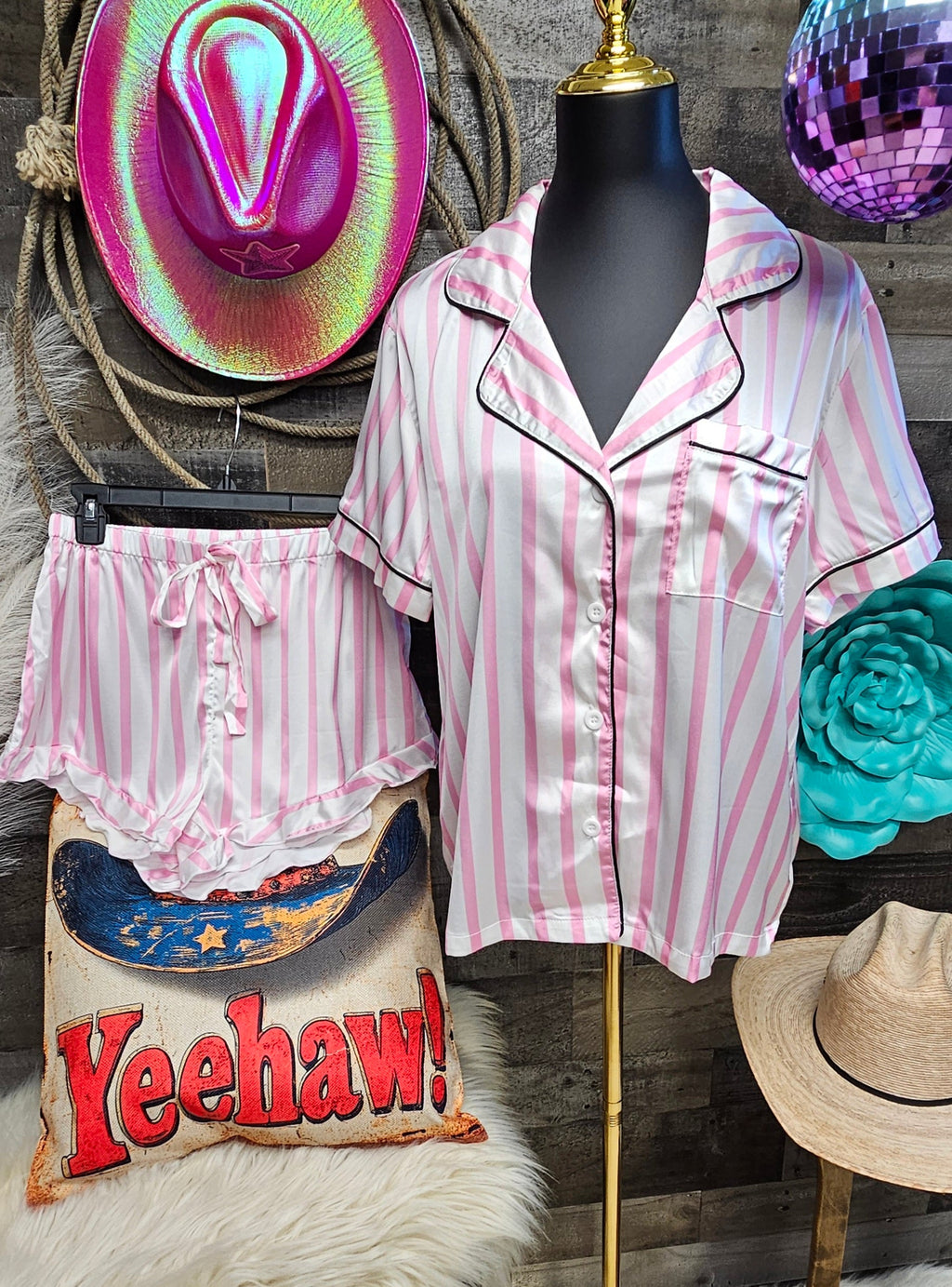 Baha Ranch Retro Pop Western Wild West Pink Pin Stripe Satin Pajamas by Baha Ranch Western Wear - product image 2