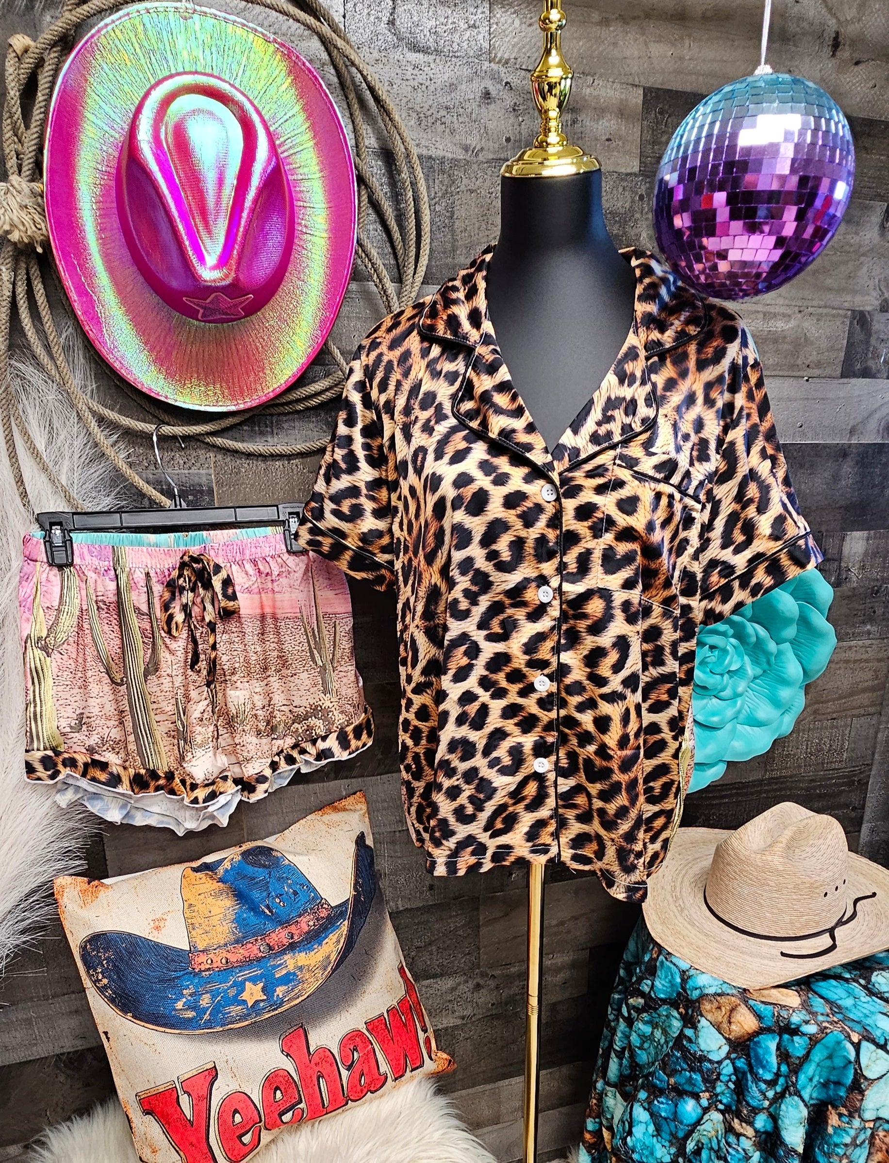 Baha Ranch Retro Pop Western Leopard Desert Cowgirl Satin Pajamas by Baha Ranch Western Wear - product image 2