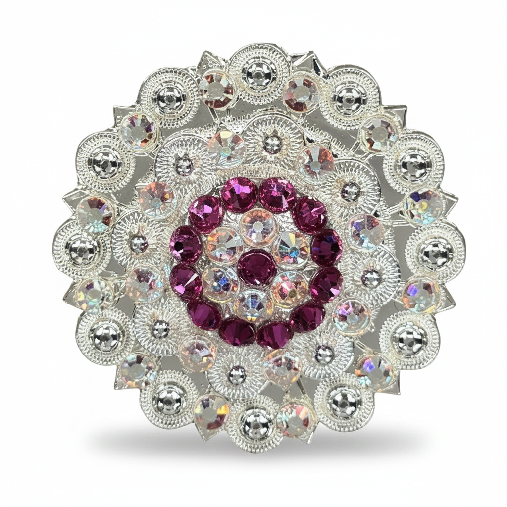 Bright Silver Fuchsia - AB Crystal Conchos | Sizes 1"- 3" | Buckles | Saddle Set | Leather Rosettes | Slide — view 5