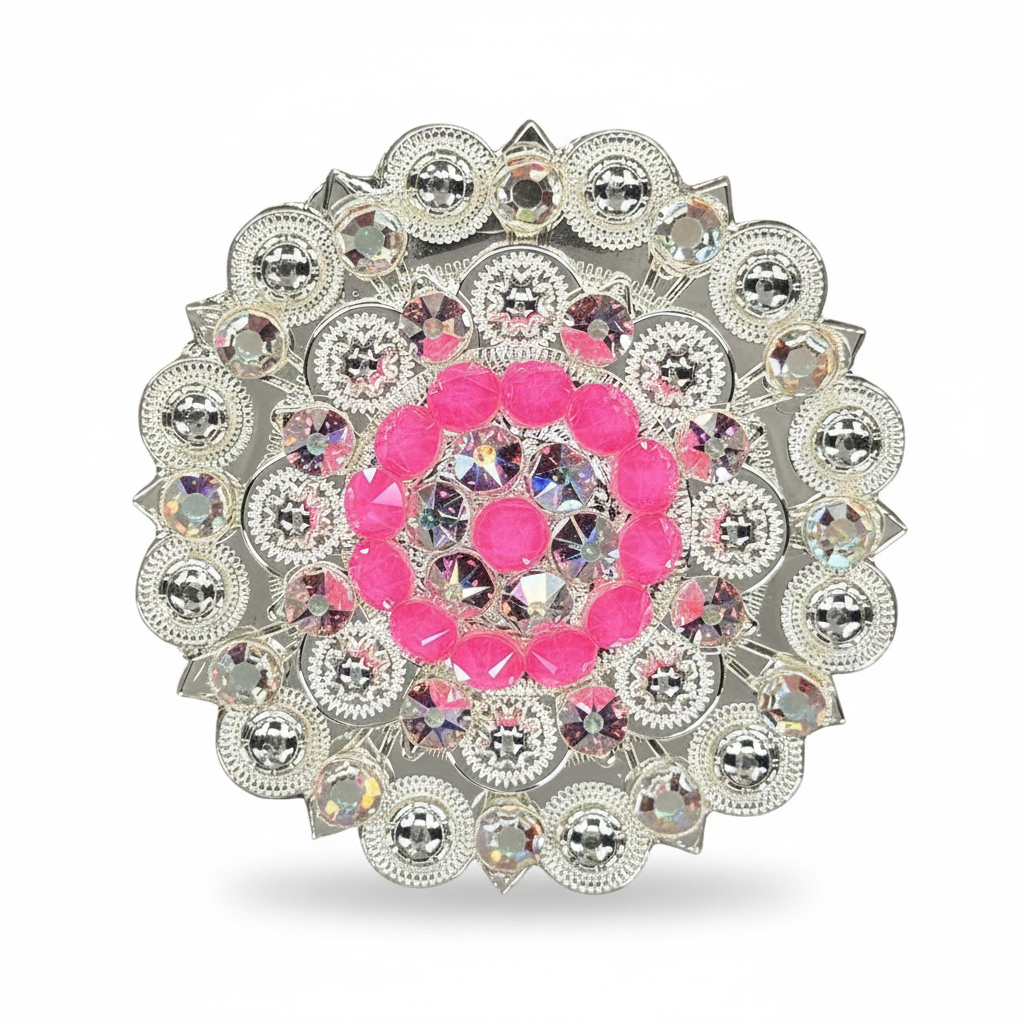 Bright Silver Neon Pink - AB Crystal Conchos | Sizes 1"- 3" | Buckles | Saddle Set | Leather Rosettes | Slide — view 5
