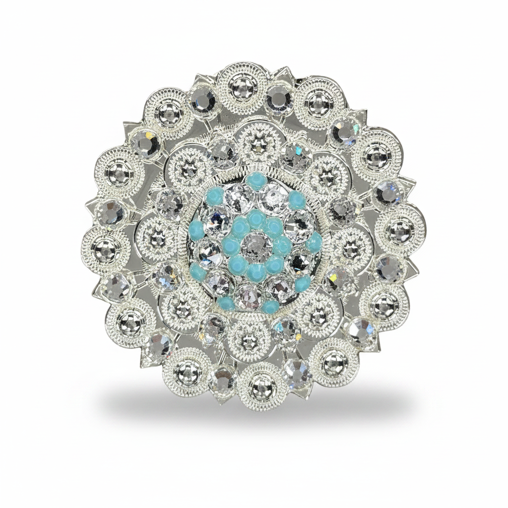 Bright Silver Turquoise - Clear Crystal Conchos | Sizes 1"- 3" | Buckles | Saddle Set | Leather Rosettes | Slide — view 5