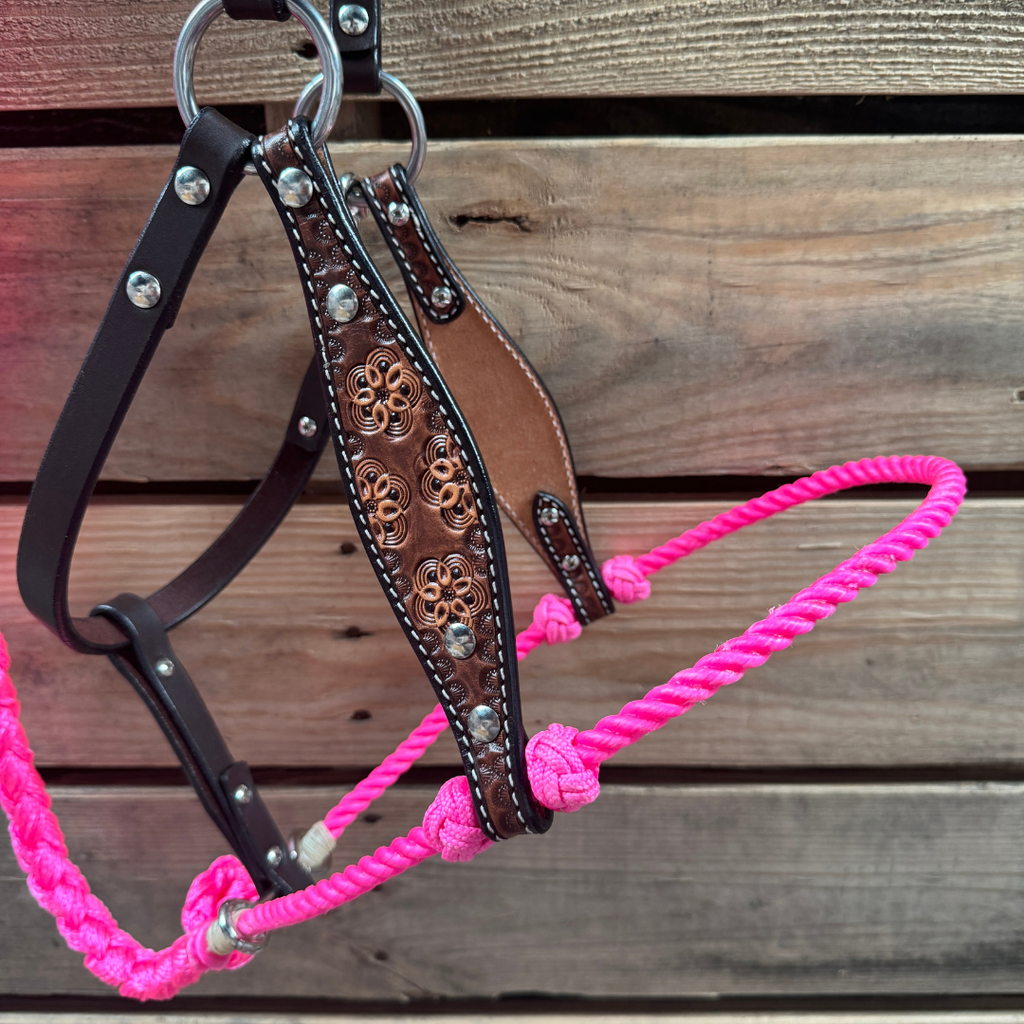 Hot Pink Flower Power Tooled Lariat & Leather Combo Halter — view 2