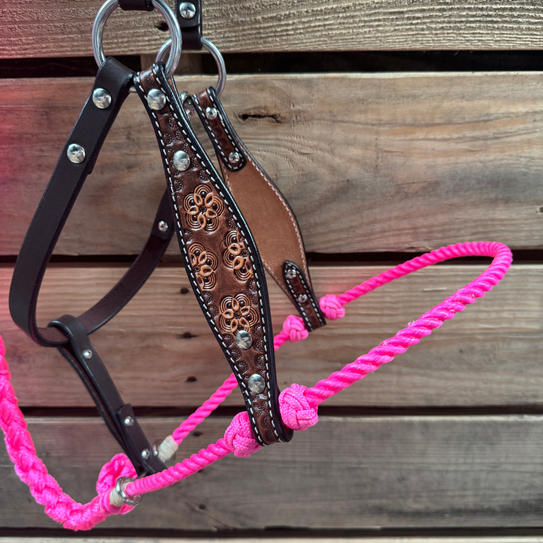 Hot Pink Flower Power Tooled Lariat & Leather Combo Halter — view 2