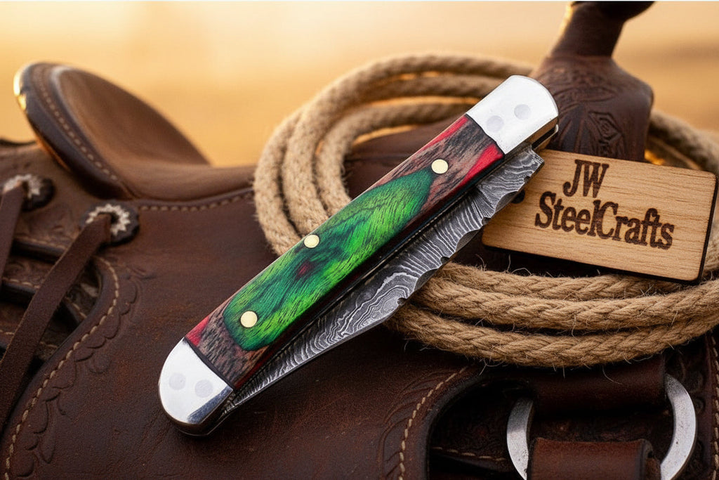 Forest Green Trail Trapper Knife Pakka Wood Damascus Steel folding Trapper Knife