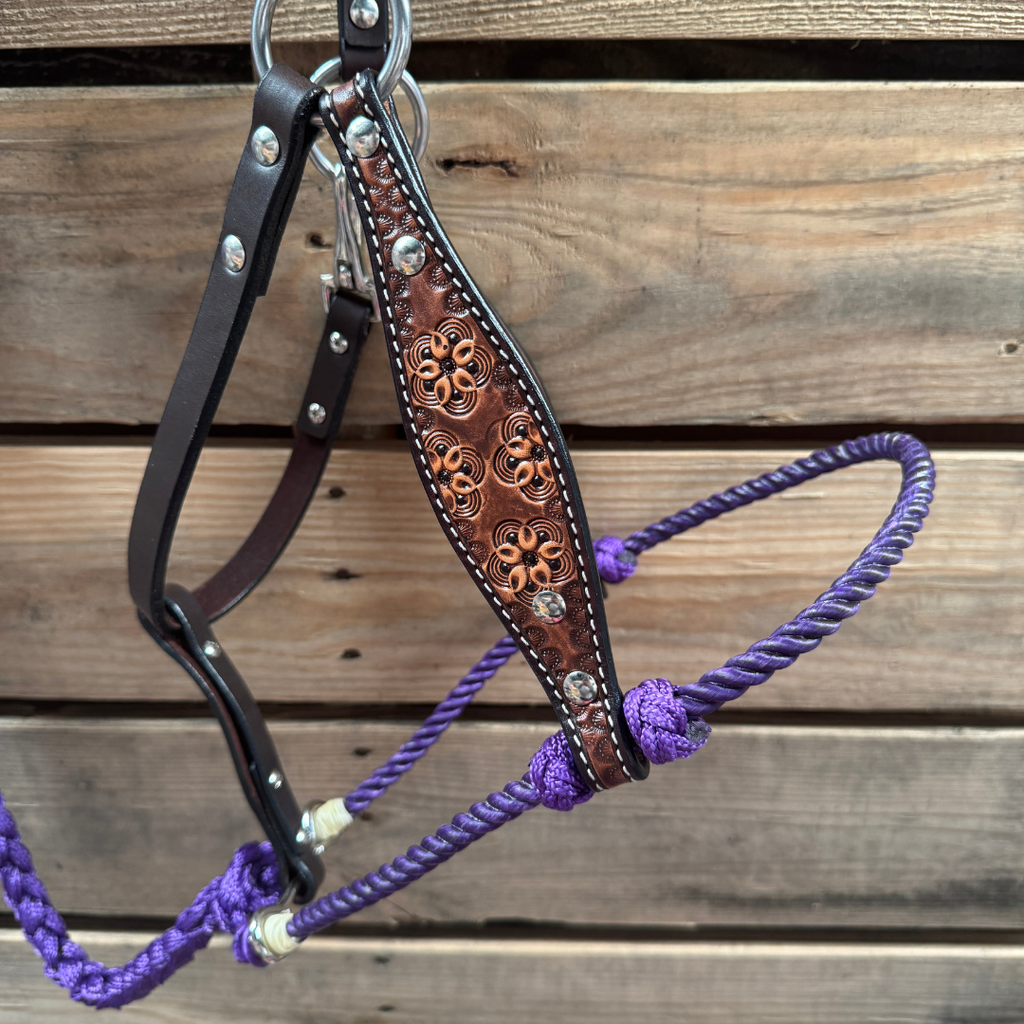 Purple Flower Power Tooled Lariat & Leather Combo Halter — view 2