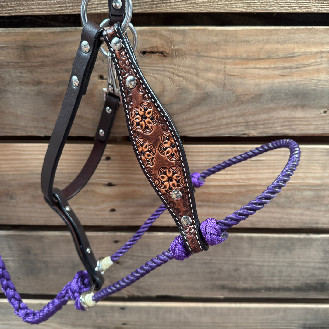 Purple Flower Power Tooled Lariat & Leather Combo Halter — view 2