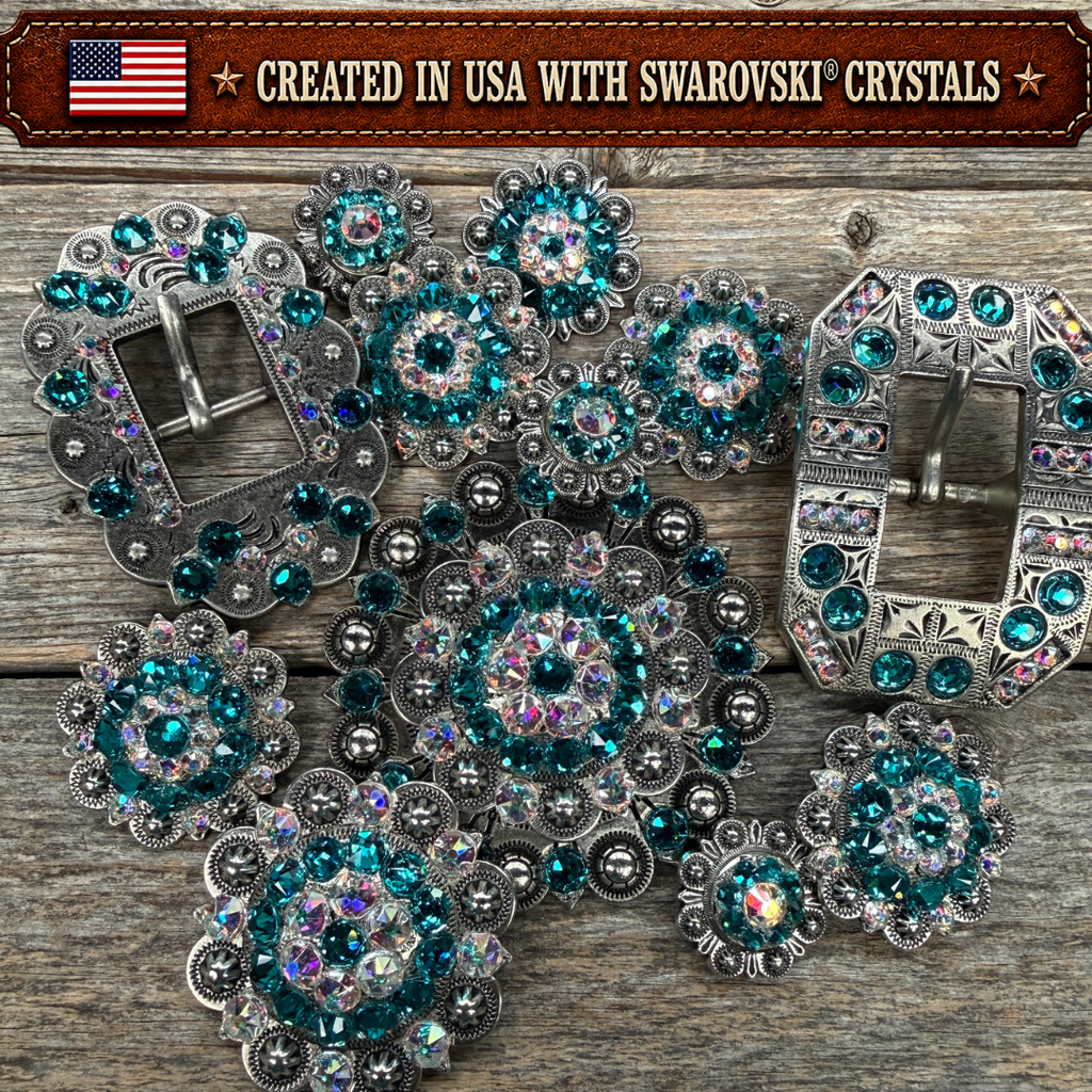 Antique Silver Teal - AB Crystal Conchos | Sizes 1"- 3" | Buckles | Saddle Set | Leather Rosettes | Slide