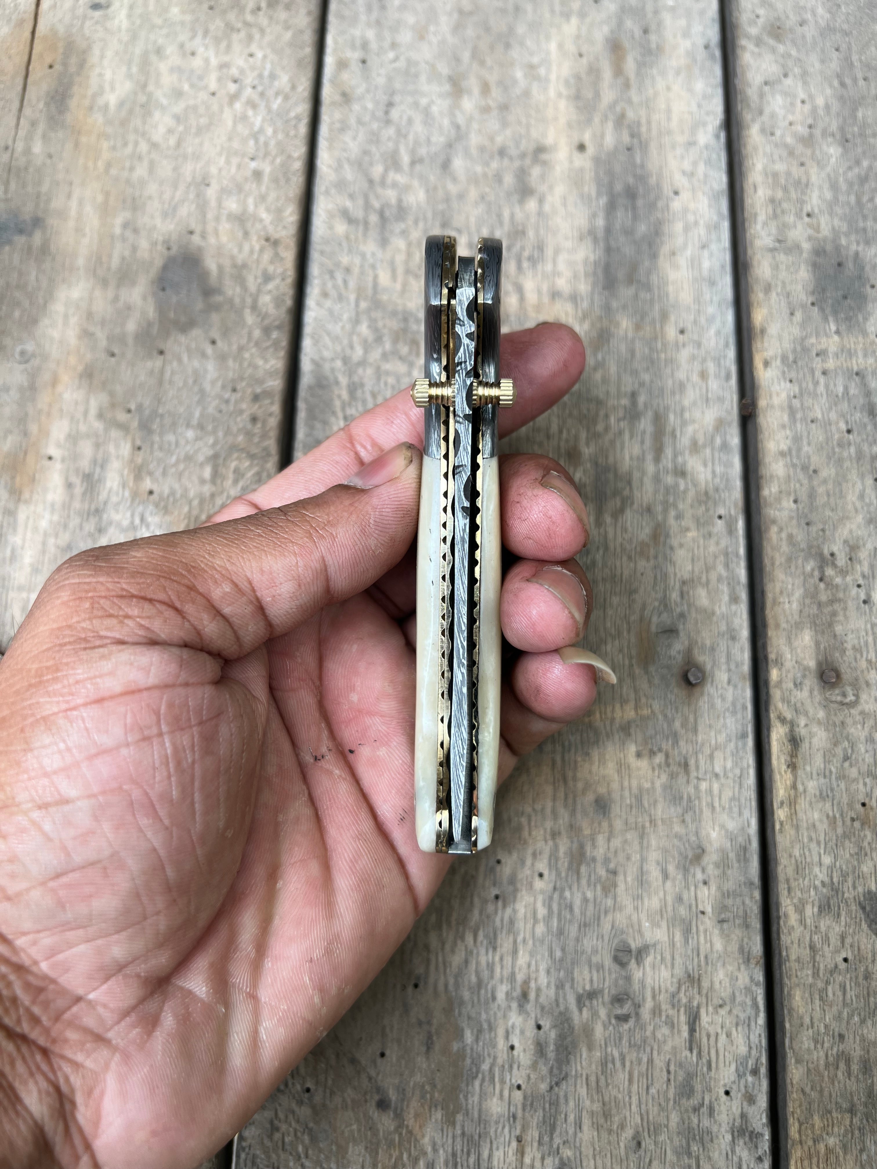 Frontrunner Camel Bone folding knife with Leather Sheath