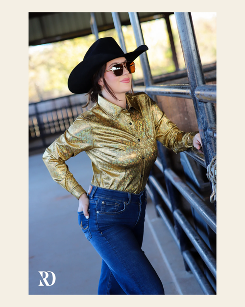 24K Gold Sparkle Performance Rodeo Shirt on a warm cream background