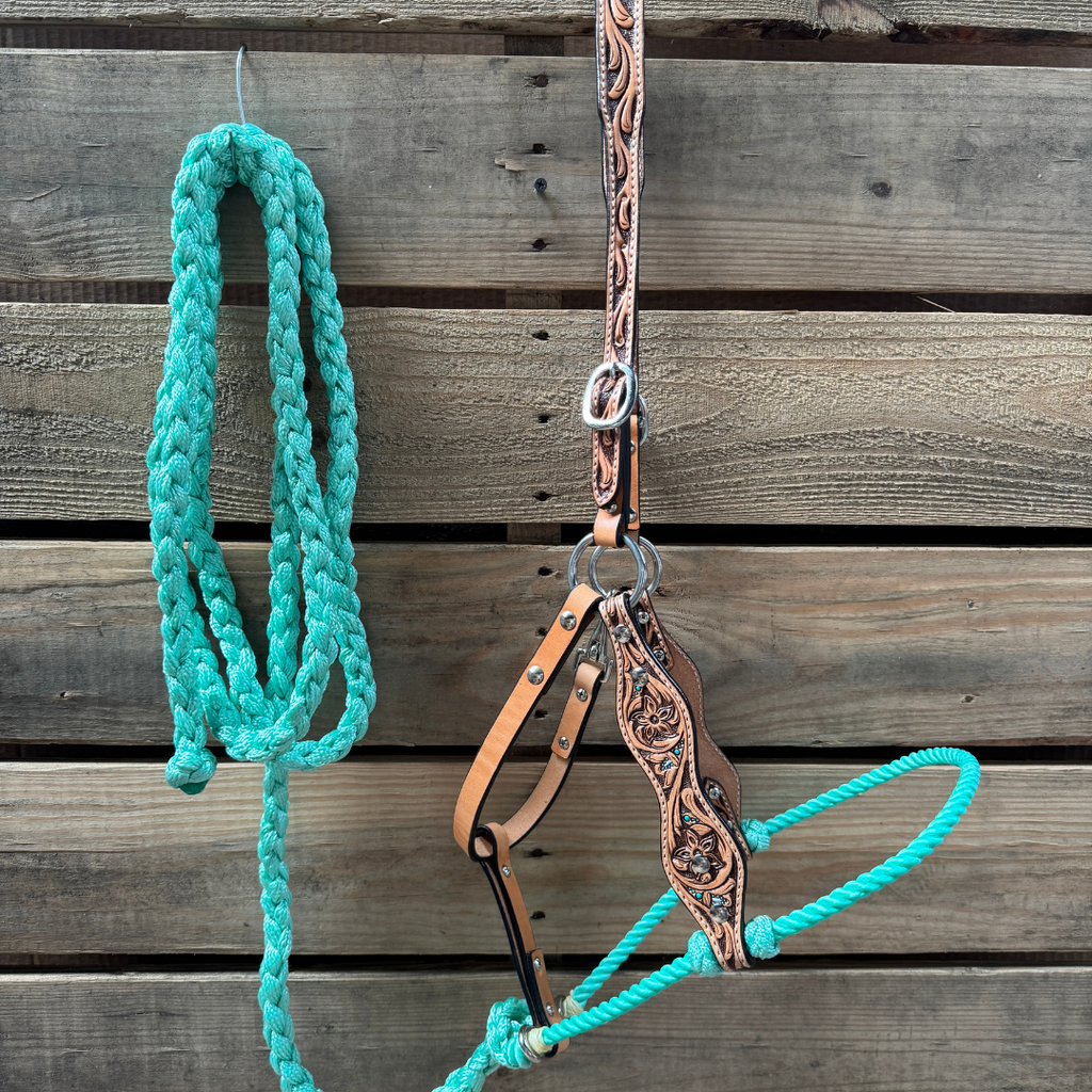 Turquoise Floral Tooled Lariat & Leather Combo Halter