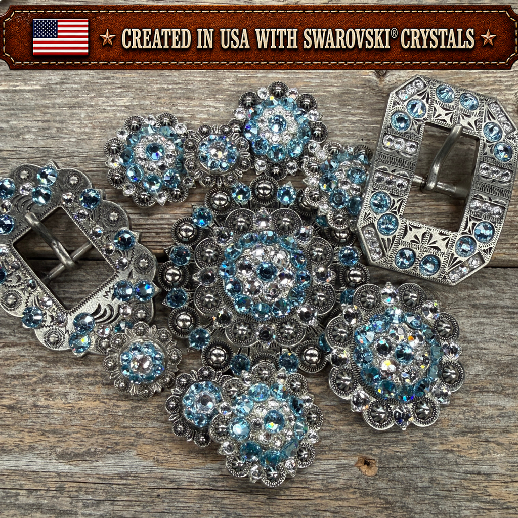 Antique Silver Aqua - Clear Crystal Conchos | Sizes 1"- 3" | Buckles | Saddle Set | Leather Rosettes | Slide