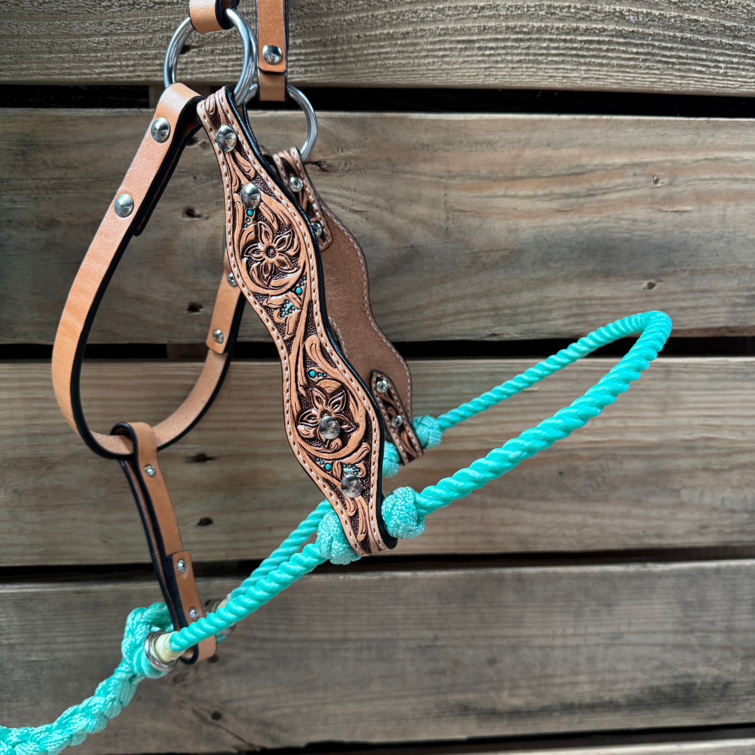 Turquoise Floral Tooled Lariat & Leather Combo Halter — view 2