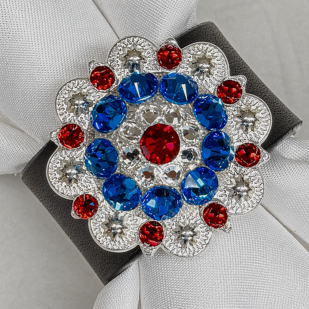 Bright Silver Red/White/Blue Crystal Concho Napkin Ring #CNR103 — view 2