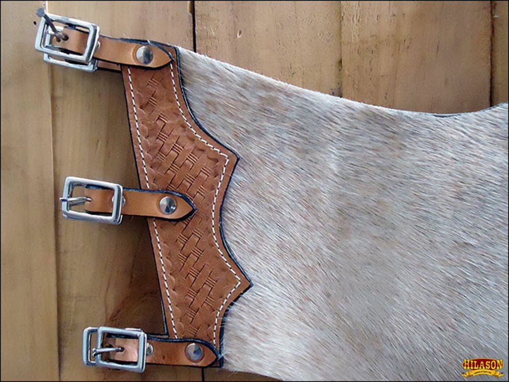 HILASON Western Pro Rodeo Bronc Bull Riding Genuine Leather Chinks Natural Hair | Handmade for Adults Hand Tooled Adult