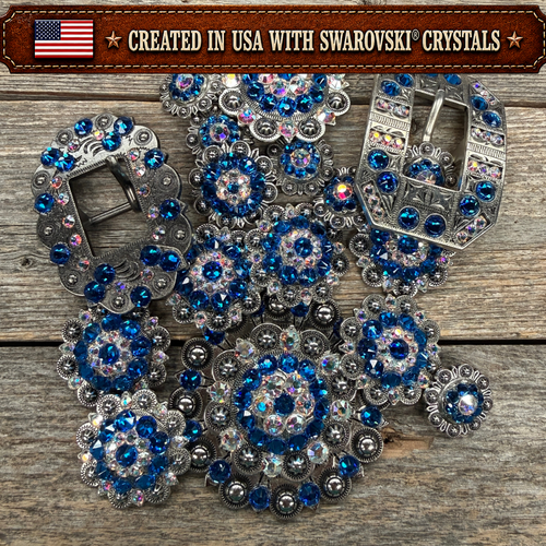 Antique Silver Capri - AB Crystal Conchos | Sizes 1"- 3" | Buckles | Saddle Set | Leather Rosettes | Slide