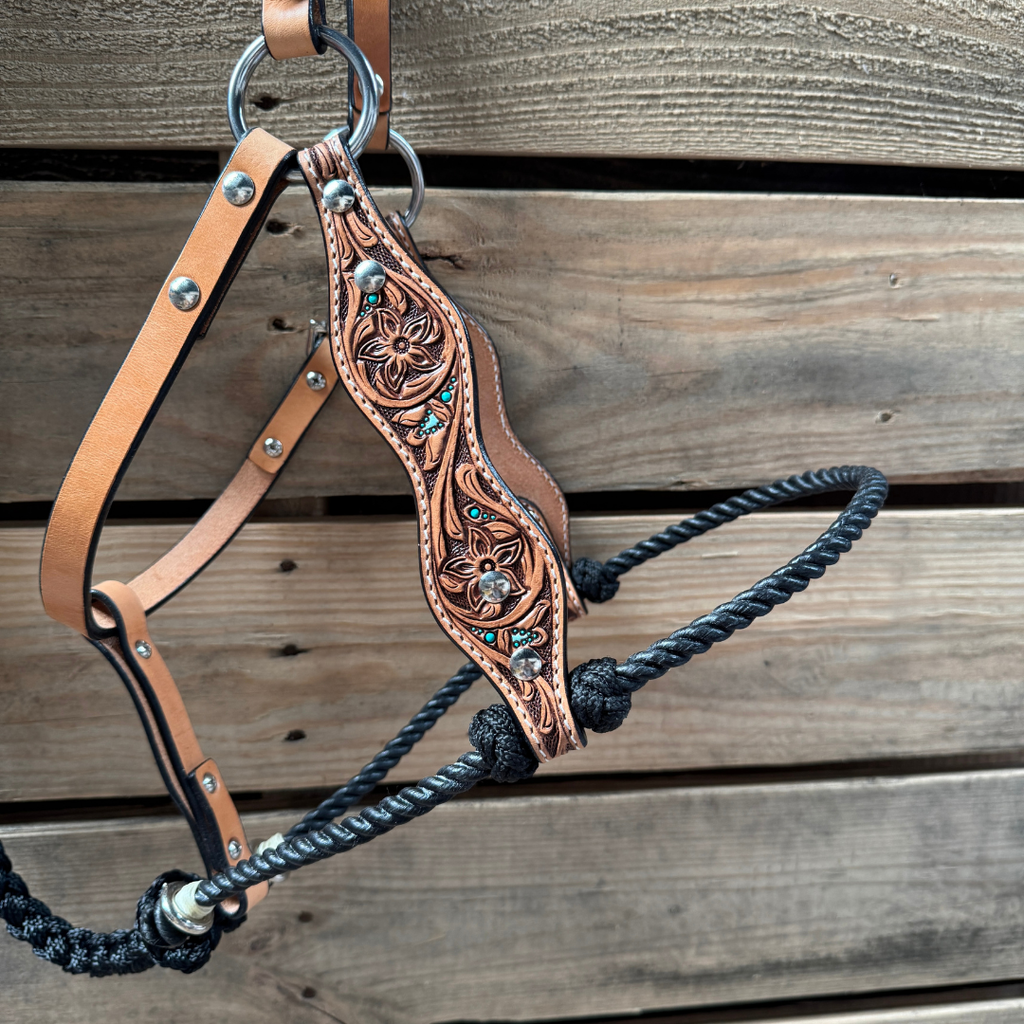 Black Floral Tooled Lariat & Leather Combo Halter — view 2
