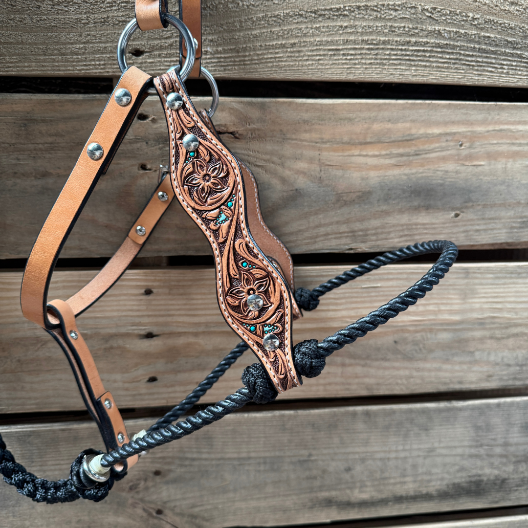 Black Floral Tooled Lariat & Leather Combo Halter — view 2