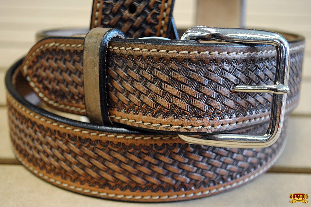 46 In Hilason Hand Tooled Basketweave Heavy Duty Western Work Leather Mens Womens Belt Dark Brown
