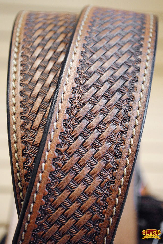46 In Hilason Hand Tooled Basketweave Heavy Duty Western Work Leather Mens Womens Belt Dark Brown