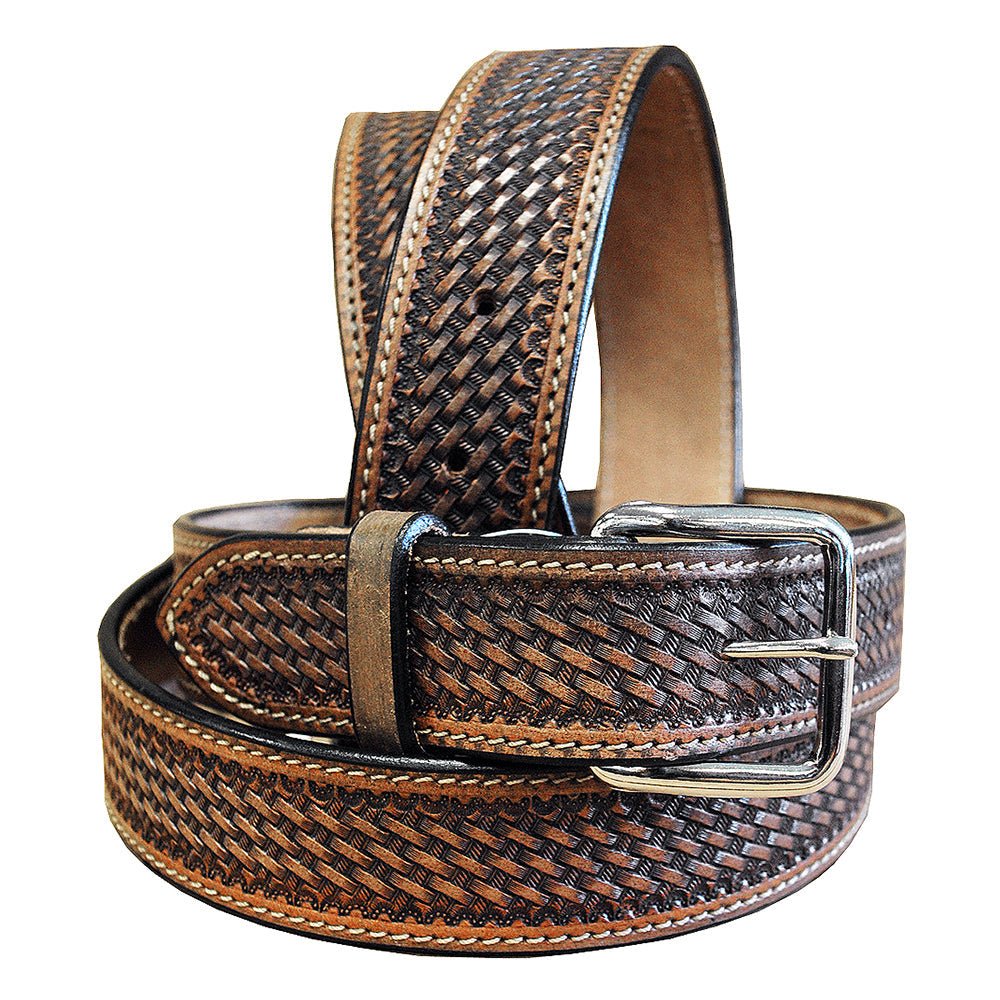 46 In Hilason Hand Tooled Basketweave Heavy Duty Western Work Leather Mens Womens Belt Dark Brown