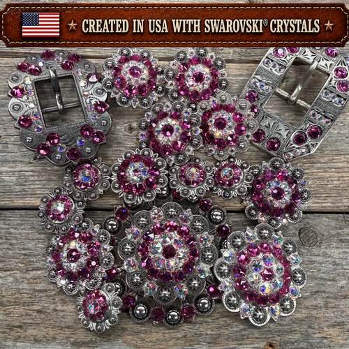 Antique Silver Fuchsia - AB Crystal Conchos | Sizes 1"- 3" | Buckles | Saddle Set | Leather Rosettes | Slide
