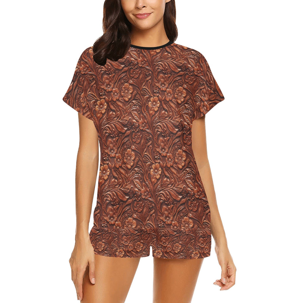 Baha Ranch Leather Floral Print Women's Western Top and Shorts Pajama Set by Baha Ranch Western Wear