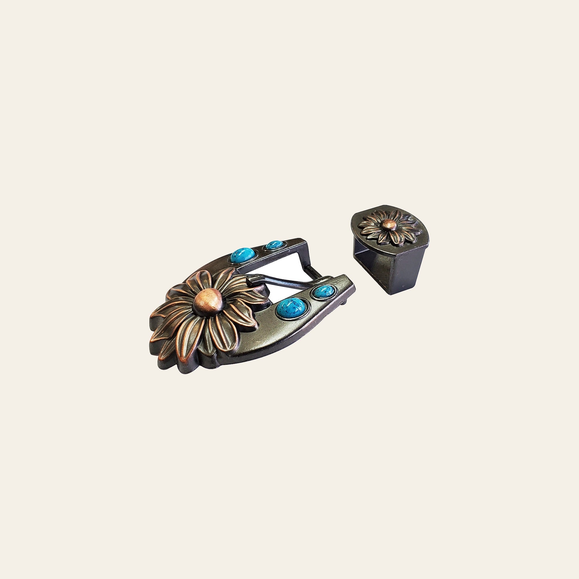 3/4 In Hilason Western Floral Belt Buckle & Keeper Antique Copper Finishing Turquoise Stone Concho Tack Headstall