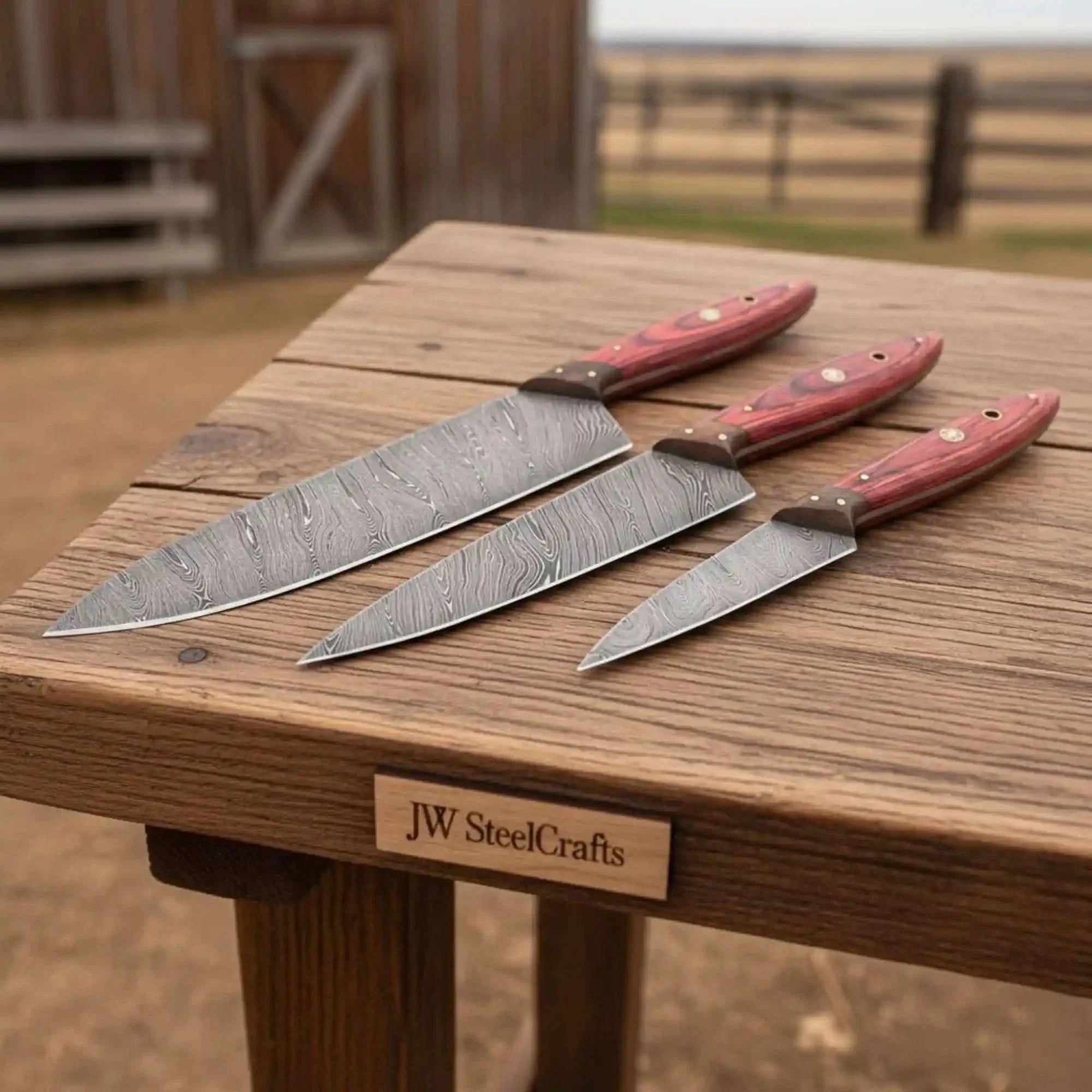 Hand Forged 3-Piece Damascus Chef Knife Set — 14, 12 & 9 Inch Blades