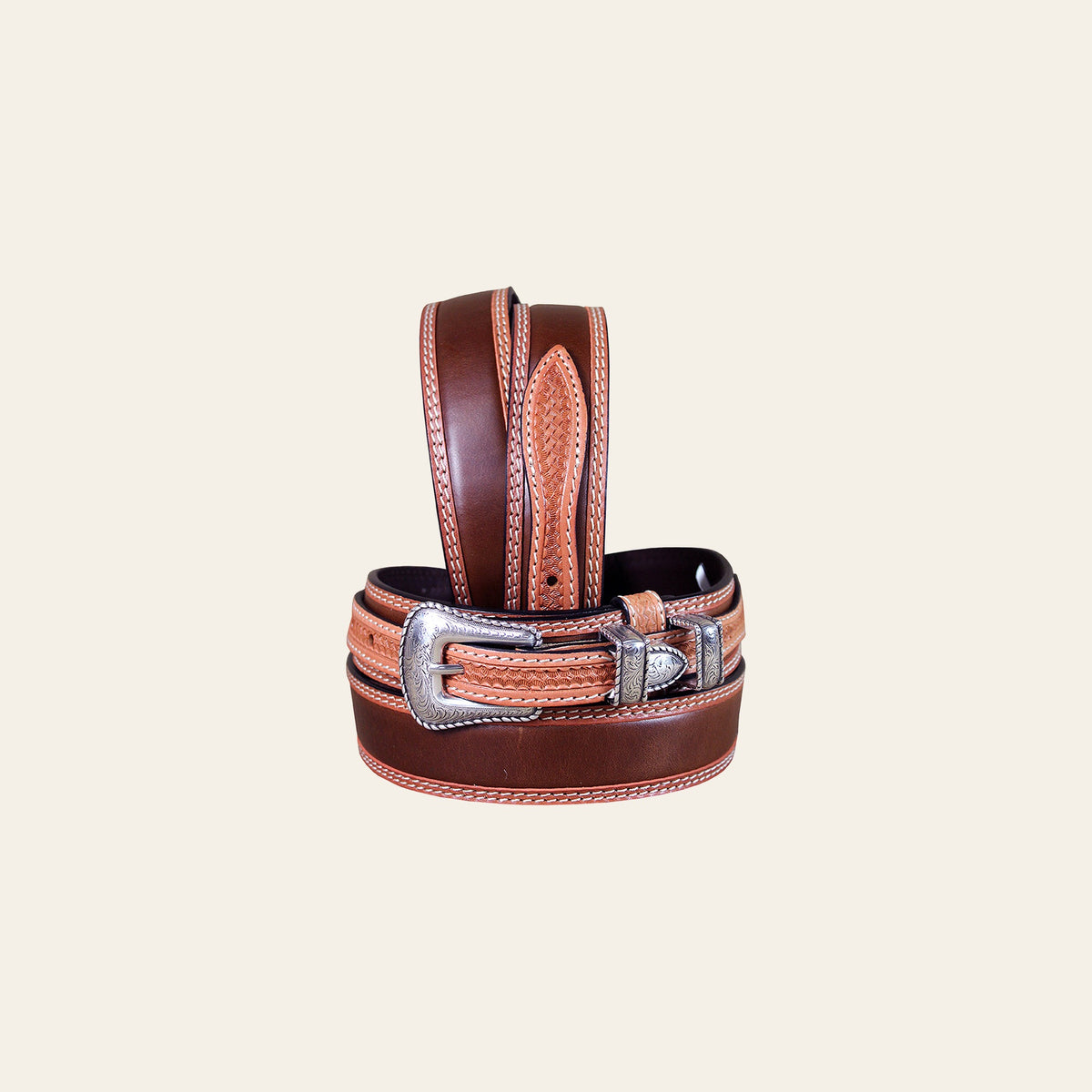2 Tone Brown Full-Grain Leather Belt Contrast Stitching & Removable Buckle Set