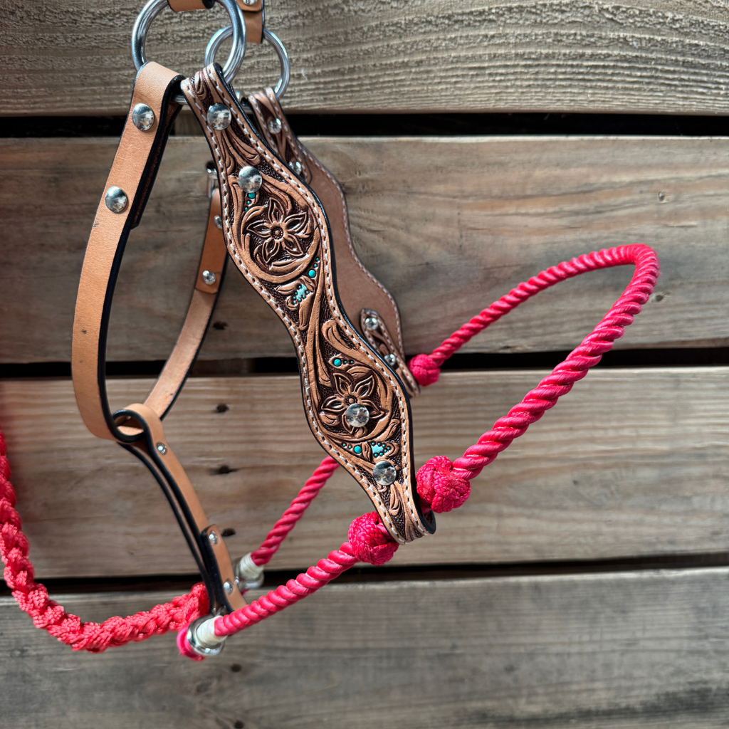 Red Floral Tooled Lariat & Leather Combo Halter — view 2