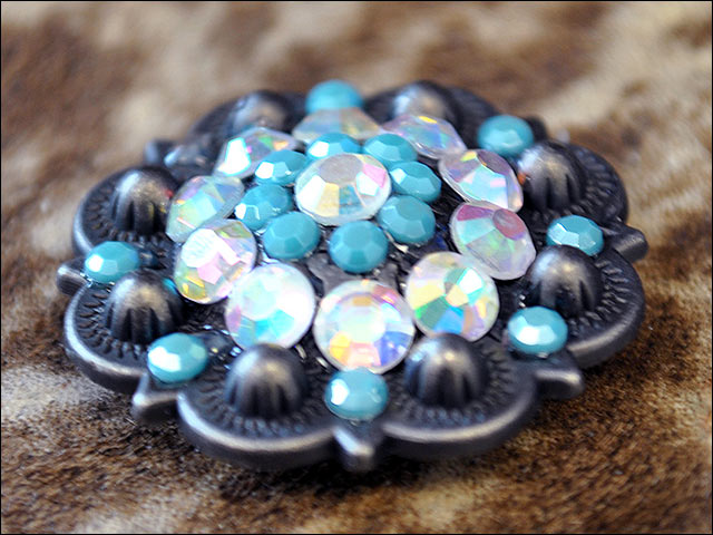 Hilason Western Berry Rhinestone Concho — Turquoise/Black, 1.5"