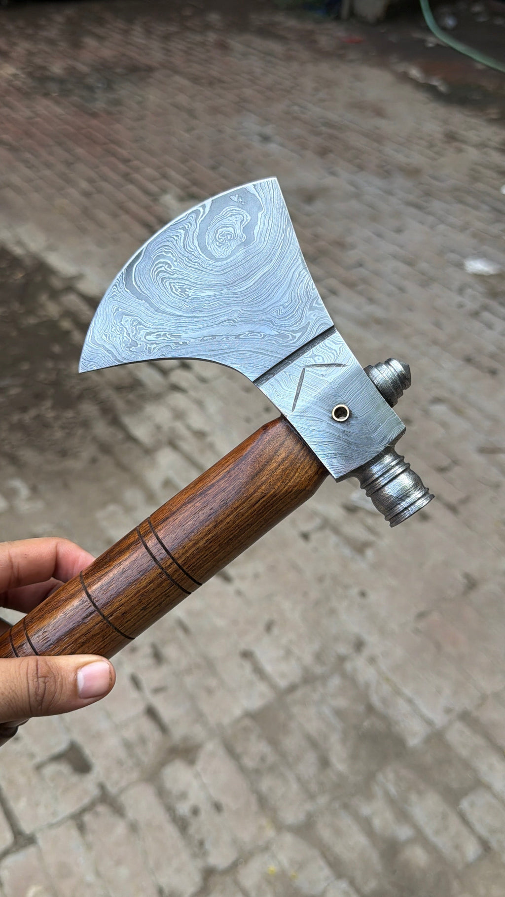 Hand Forged Damascus Smoking Axe with Ringed Hardwood Handle and Leather Sheath | JW SteelCrafts