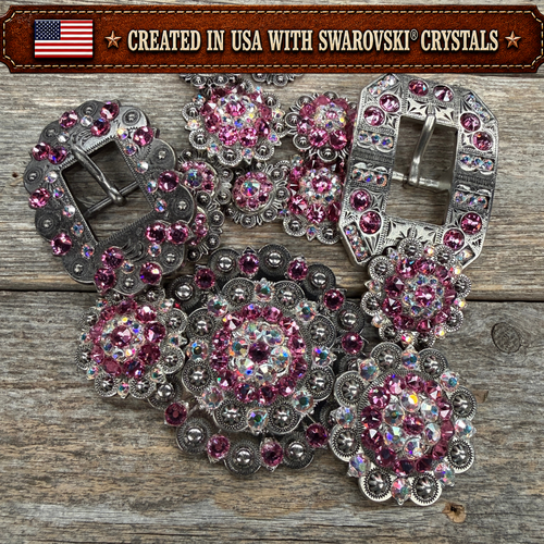 Antique Silver Pink - AB Crystal Conchos | Sizes 1"- 3" | Buckles | Saddle Set | Leather Rosettes | Slide