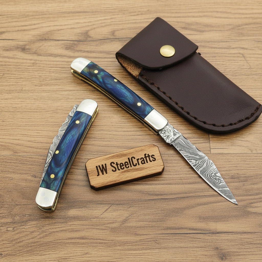 Custom Damascus Trapper Folding Knife – Blue Pakka Wood