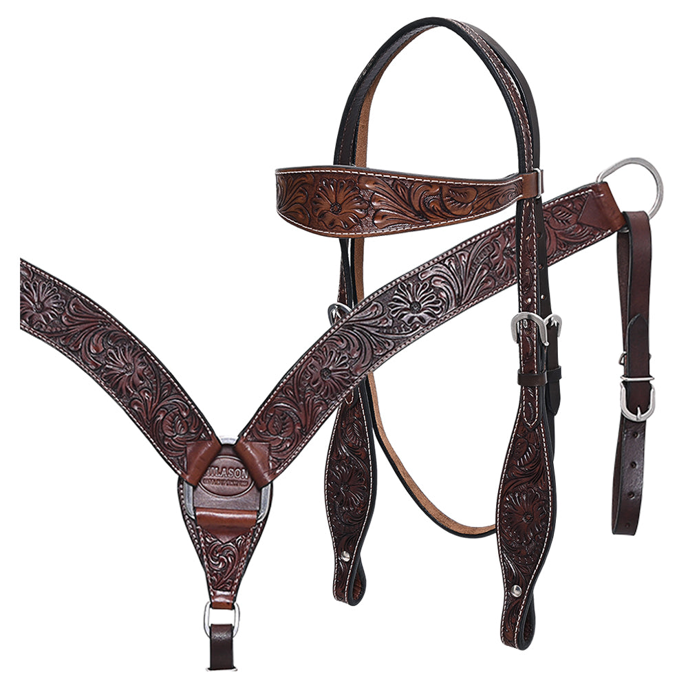 HILASON Western Horse Headstall Breast Collar Tack Genuine American Leather Floral Dark Brown