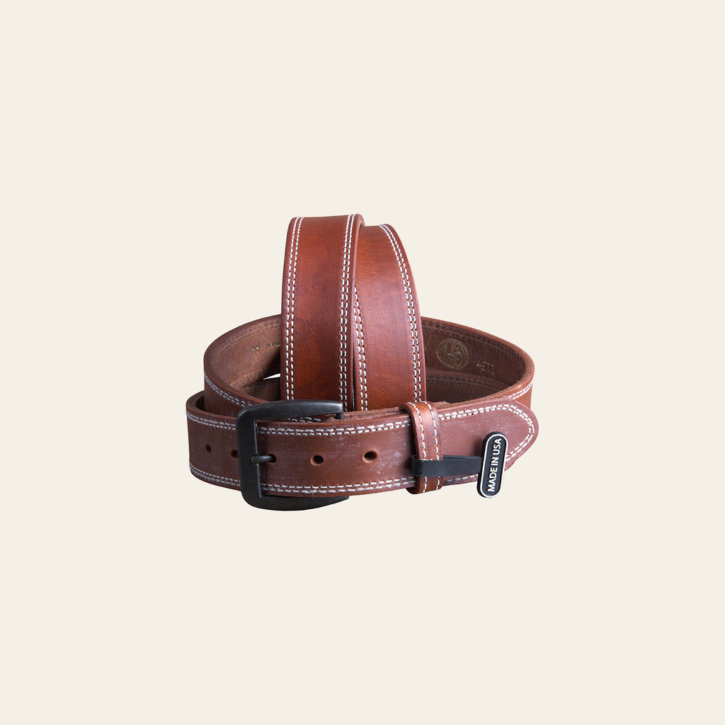 32 Inch 3D Brown Mens Leather Stitched Basic Belt Brass Buckle