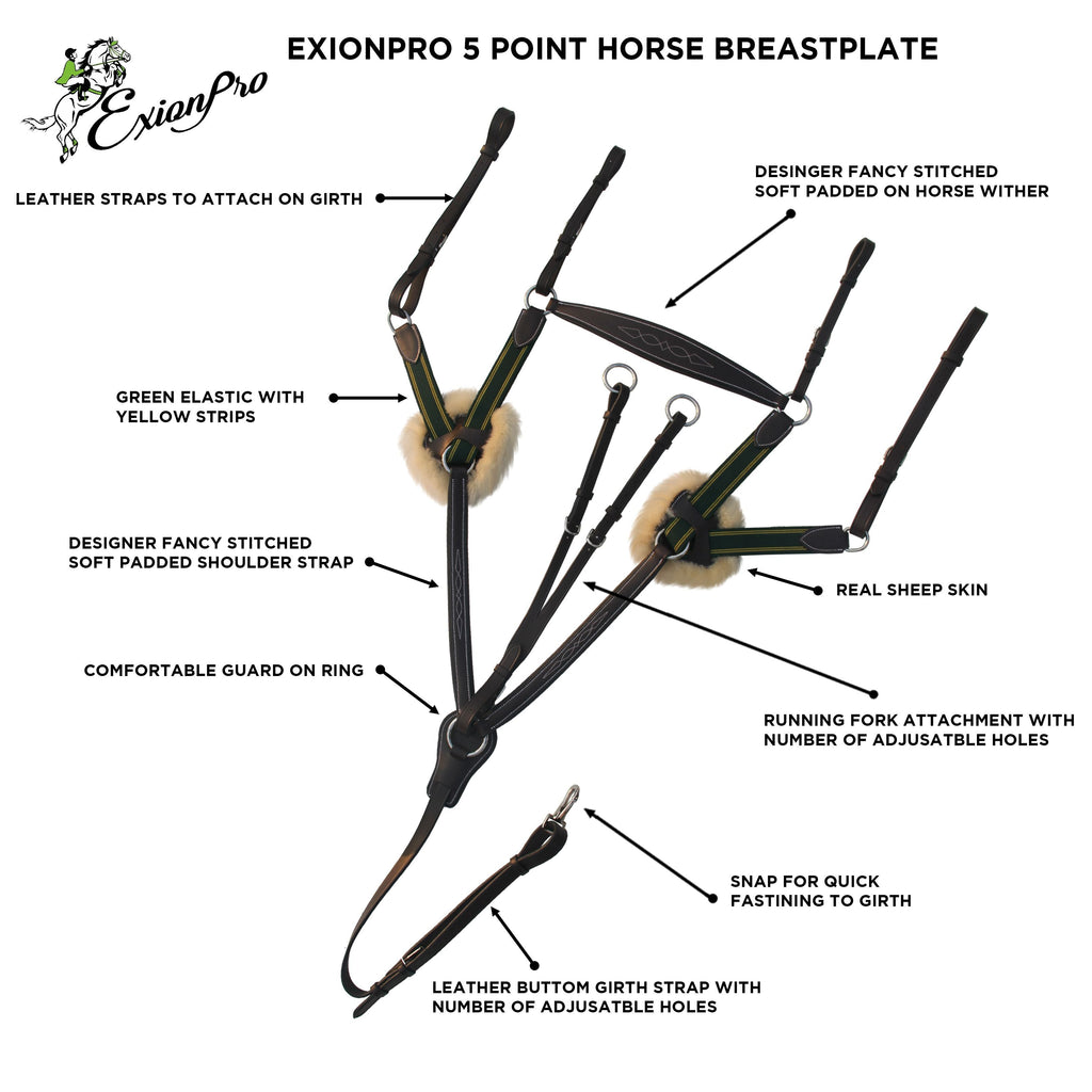 ExionPro 5 Point Breastplate - Green Elastic with Yellow Lines by Bridles & Reins - alternate view 4