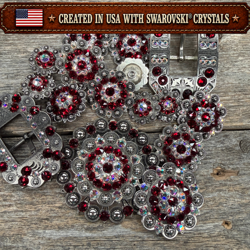 Antique Silver Ruby - AB Crystal Conchos | Sizes 1"- 3" | Buckles | Saddle Set | Leather Rosettes | Slide