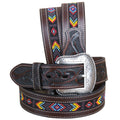 32 In Roper Mens Hand Tooled Leather Beaded Center Western Belt Brown