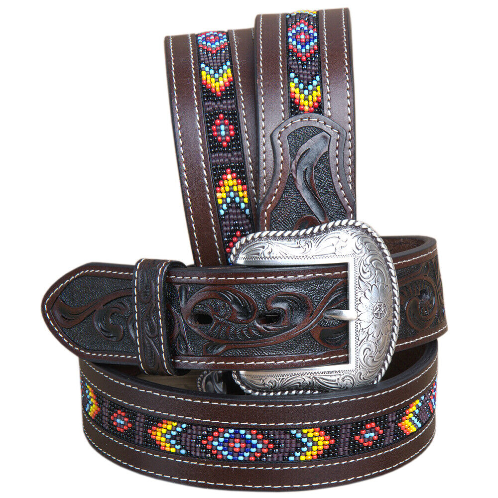 32 In Roper Mens Hand Tooled Leather Beaded Center Western Belt Brown