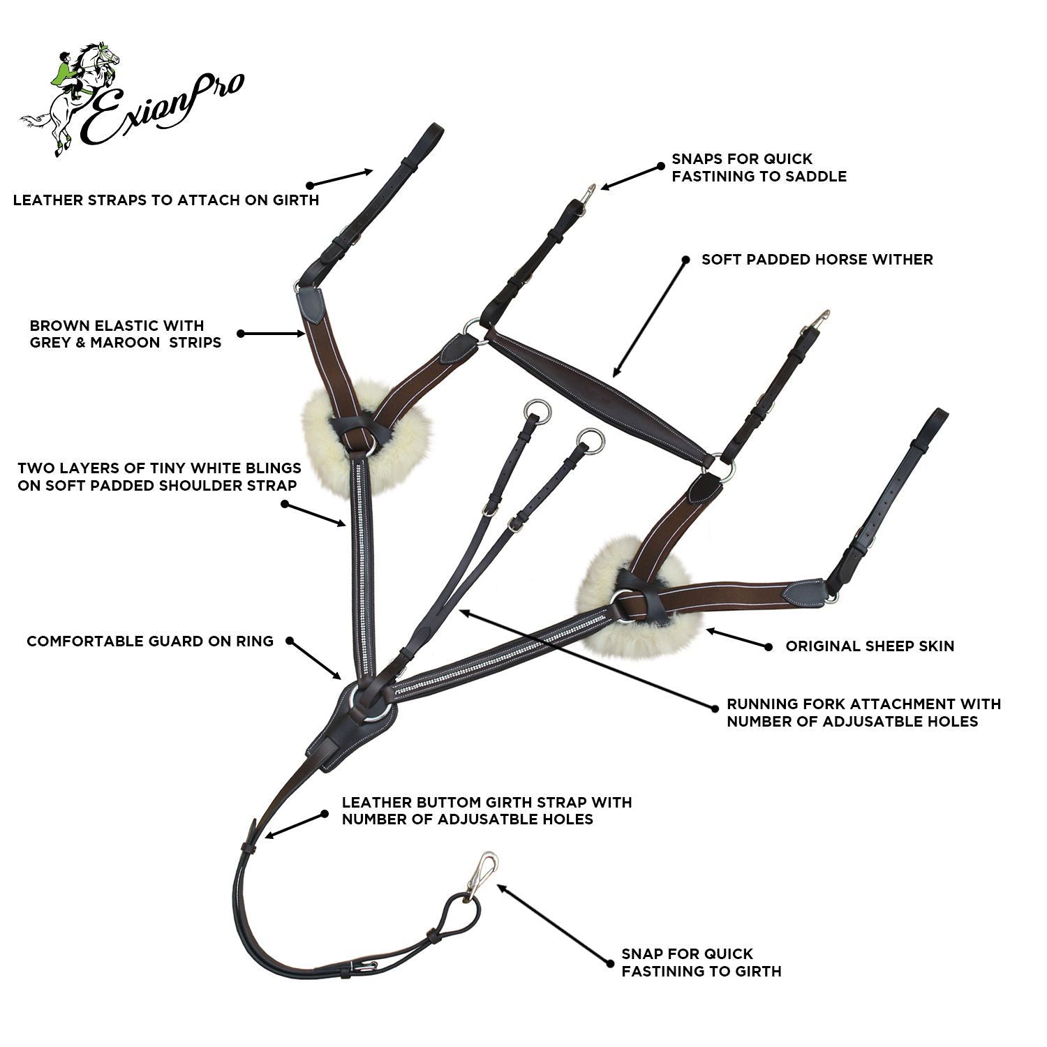 ExionPro 5 Point Bling Breastplate with Elastic & Sheepskin Padding by Bridles & Reins - alternate view 5