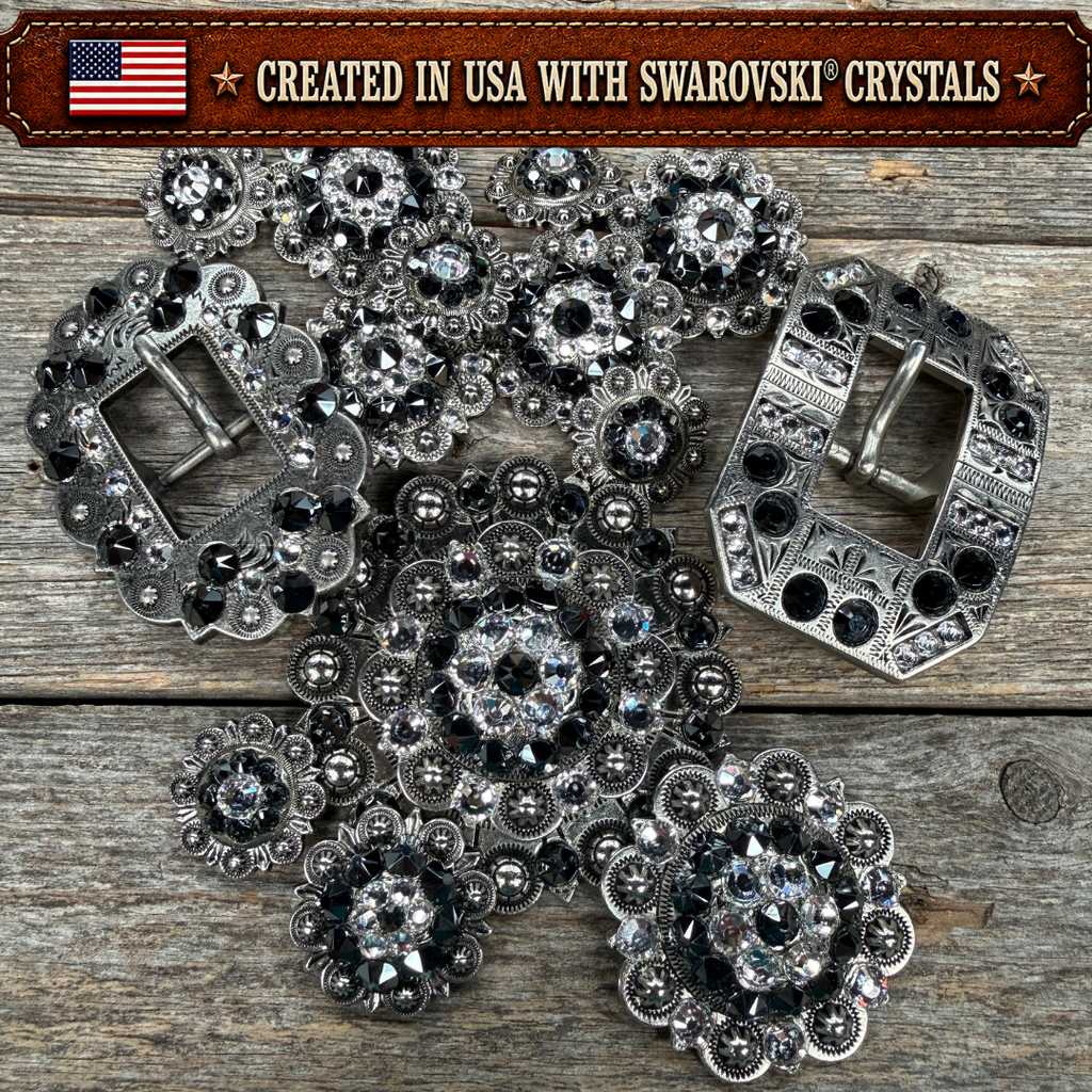 Antique Silver Jet - Clear Crystal Conchos | Sizes 1"- 3" | Buckles | Saddle Set | Leather Rosettes | Slide