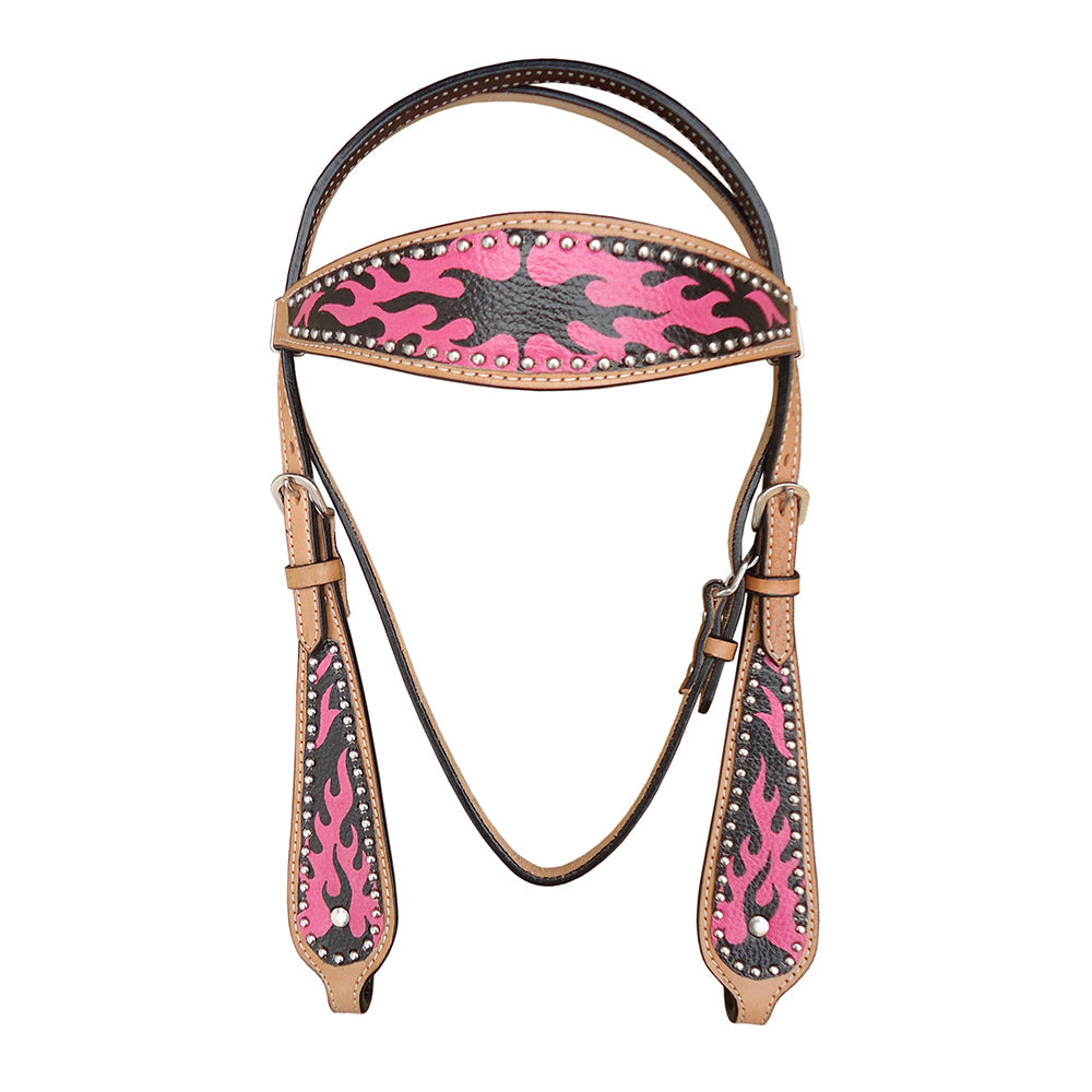 HILASON Western Horse Leather Headstall & Breast Collar Tack Set Pink Flame
