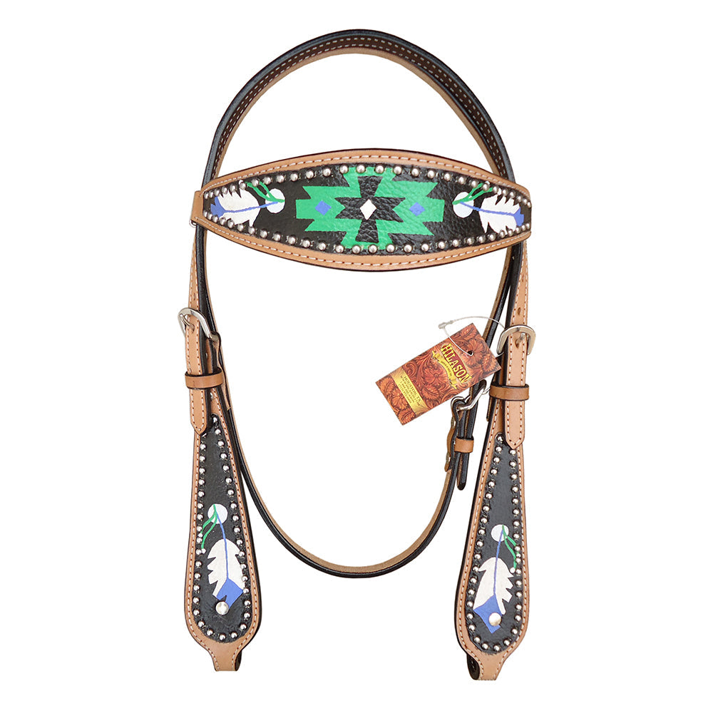 HILASON Western Horse Leather Headstall & Breast Collar Tack Set Geometry Feather