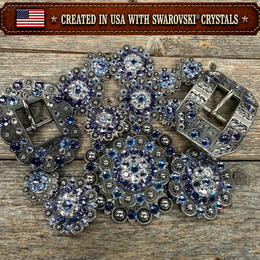 Antique Silver Light Sapphire - Clear - Lilac Crystal Conchos | Sizes 1"- 3" | Buckles | Saddle Set | Leather Rosettes
