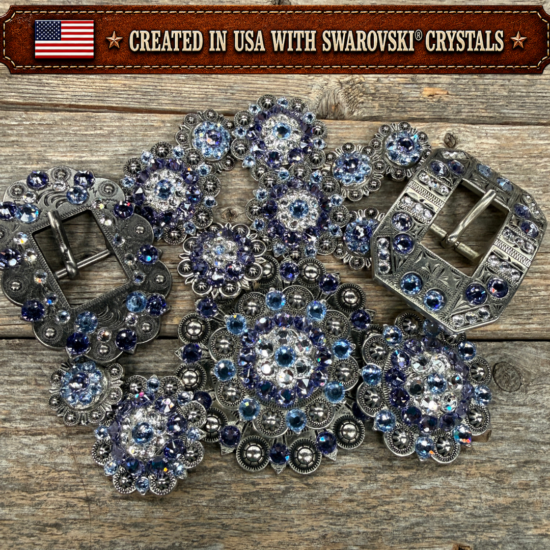 Antique Silver Light Sapphire - Clear - Lilac Crystal Conchos | Sizes 1"- 3" | Buckles | Saddle Set | Leather Rosettes
