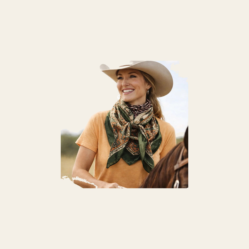 Green, Plum and Tan Floral Wild Rag - Western Scarf