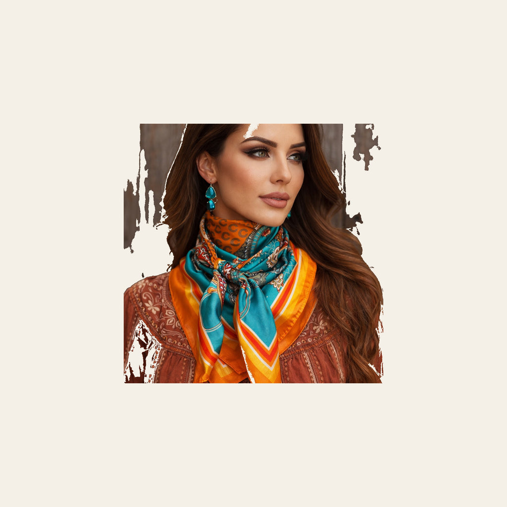 Orange and Turquoise Horse Shoe Paisley Wild Rag - Western Scarf